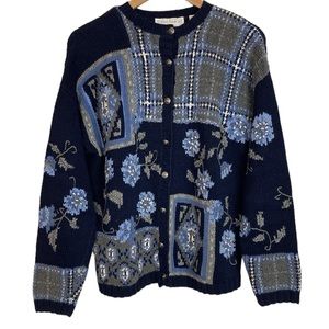 Hand Knit Blue & Gray Floral Plaid Grandma Cardigan